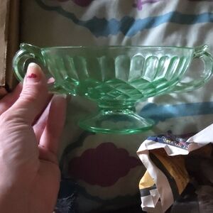 Vintage Green Glass Candy Dish Uranium Depression Glass